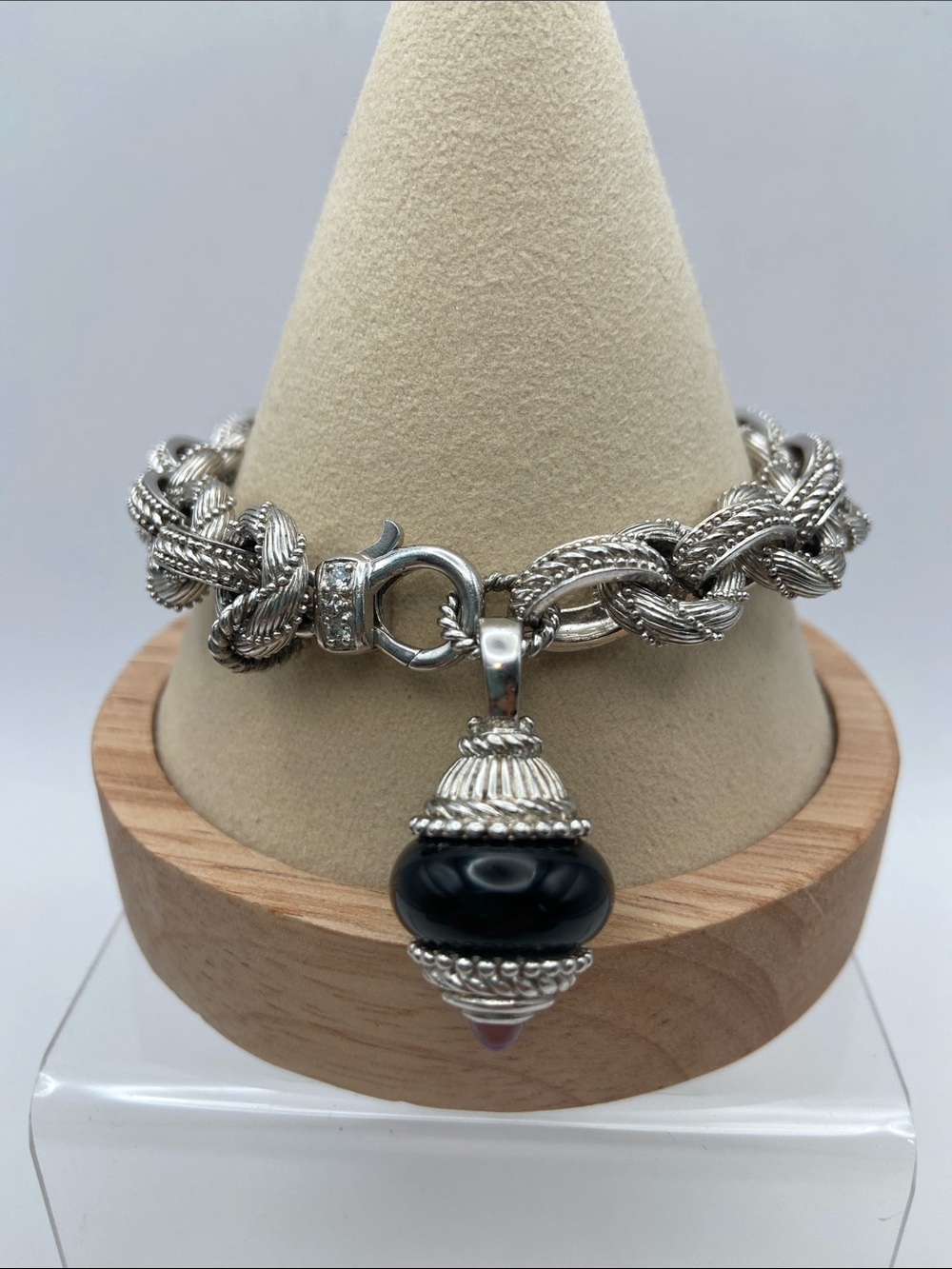 Judith Ripka Sterling Silver 925 Textured Oval Round Link Bracelet & Charm 8.5”L